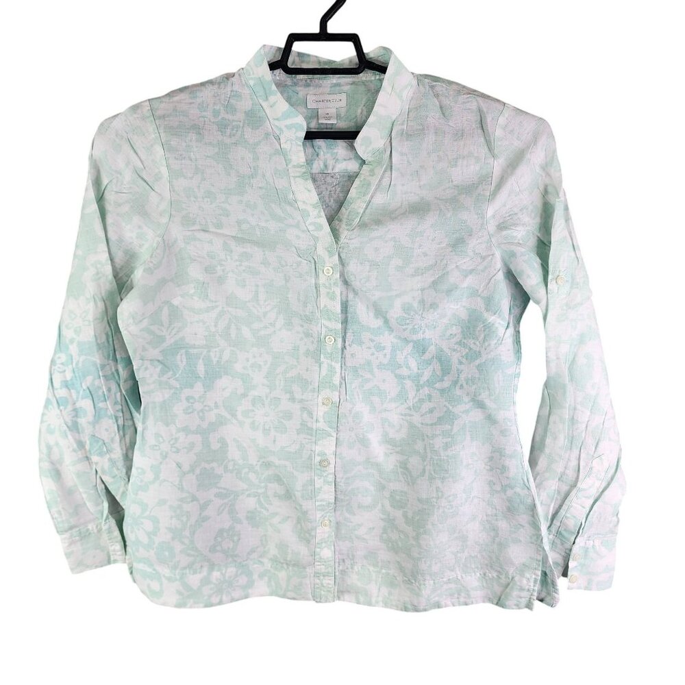 Womens Charter Club Blouse Shirt 100% Linen Teal White Floral Button Up Size 14